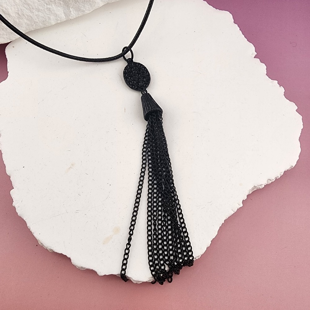 Black Rhinestone Chain Tassel Pendant Necklace Gothic Statement Long Cord 20in